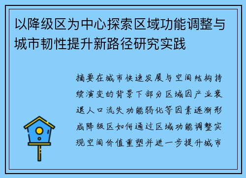 以降级区为中心探索区域功能调整与城市韧性提升新路径研究实践 以降级区为中心探索区域功能调整与城市韧性提升新路径研究实践